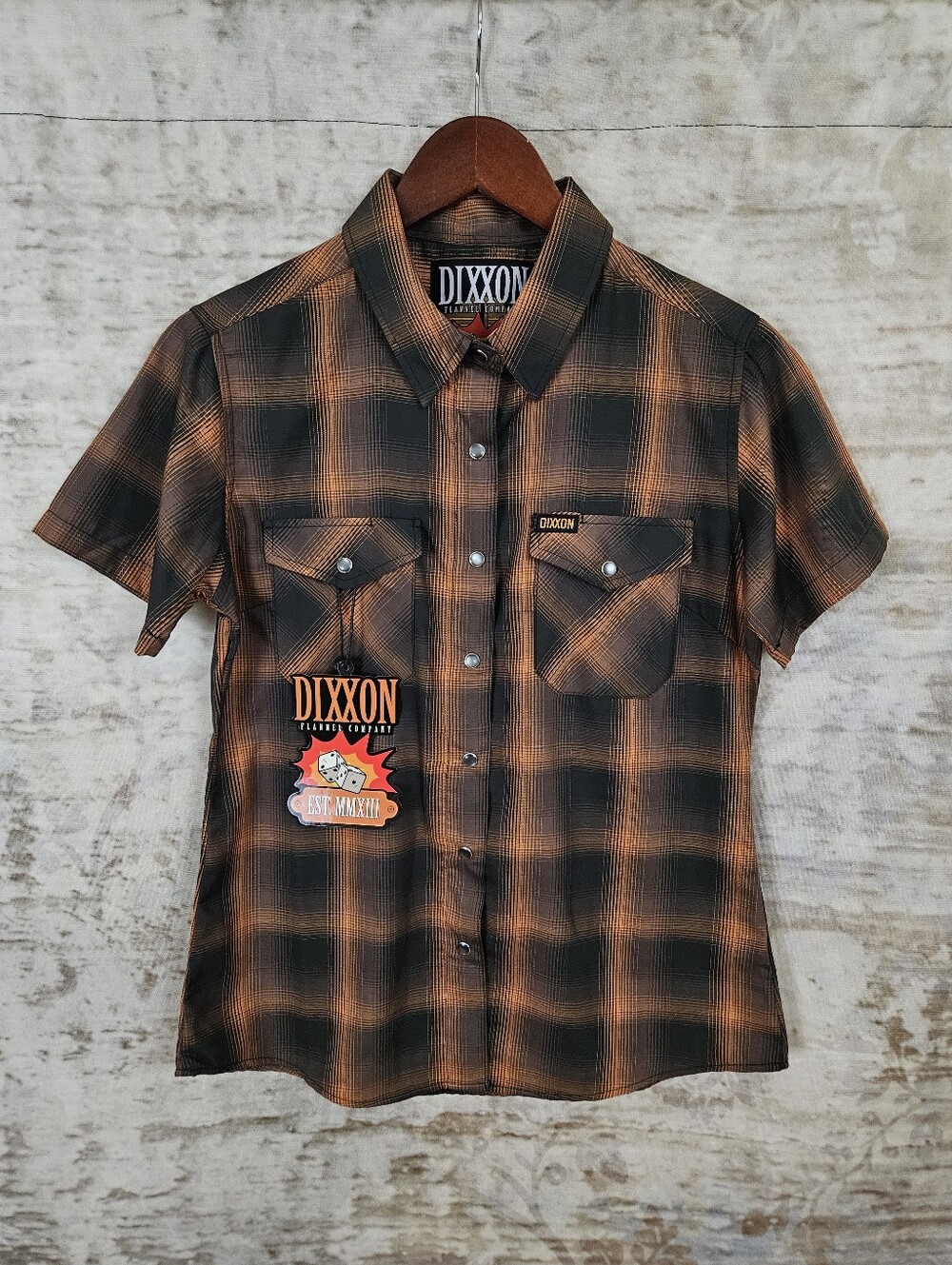 DIXXON The Hardin Bamboo Button Snap Women’s Medium Brown Tan Orange Moto NWT M - Picture 2 of 9